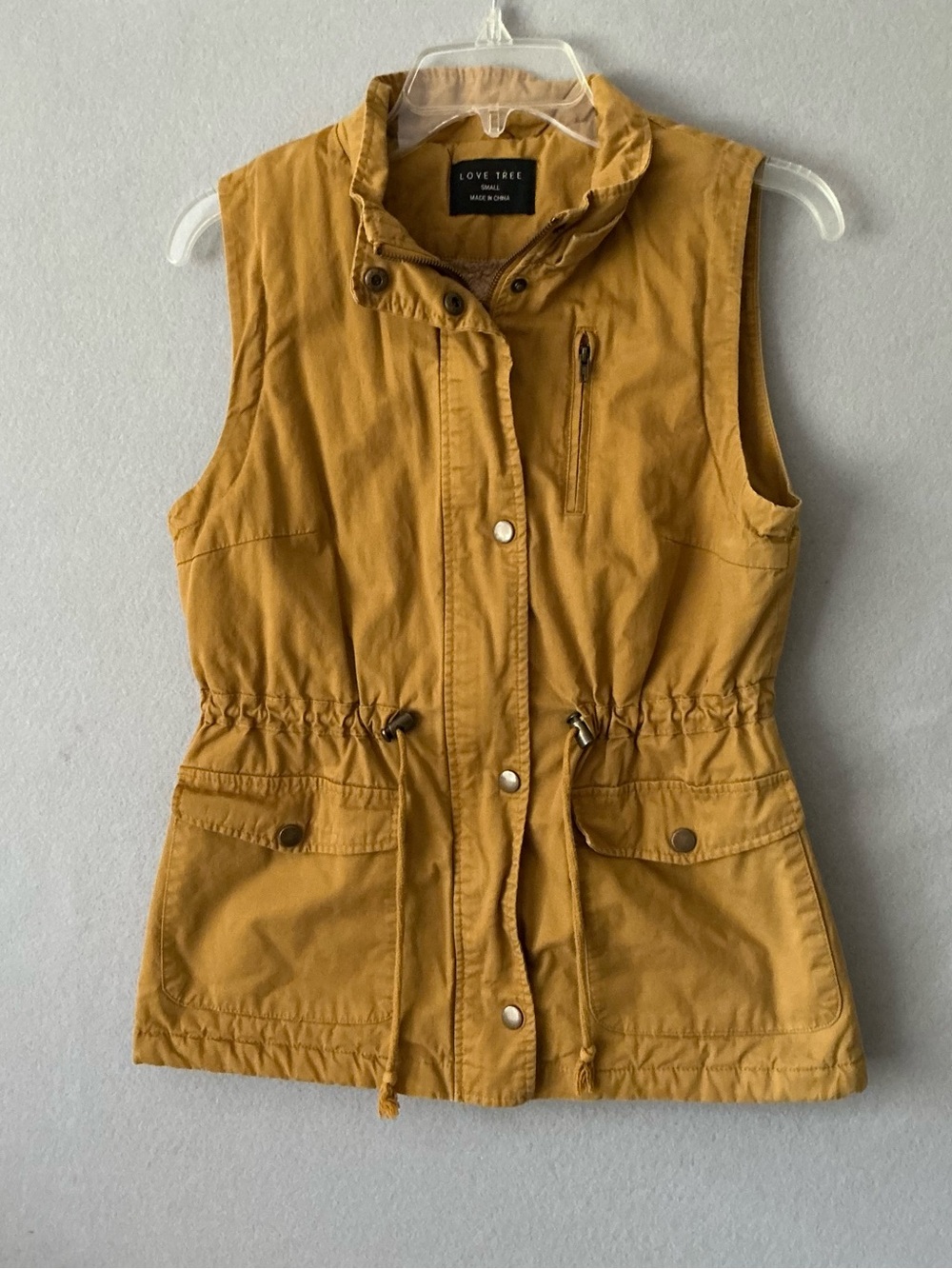 Love Tree Utility Vest Women Size S Mustard Yellow Field Jacket Drawstring Boho